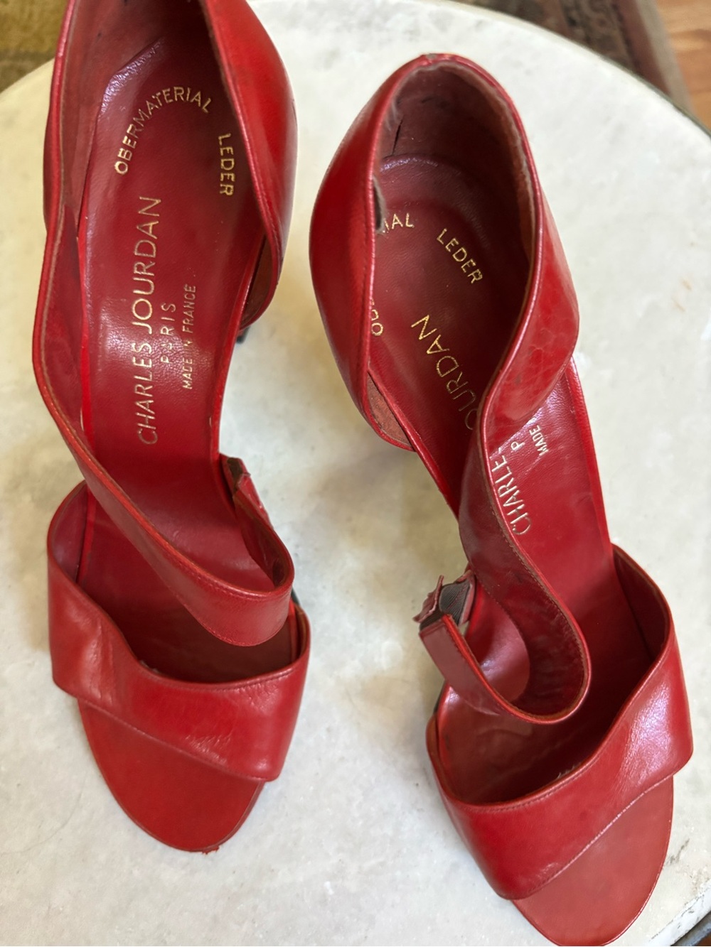 Charles Jourdan Red Open-Toe Leather Heels with Ankle Strap